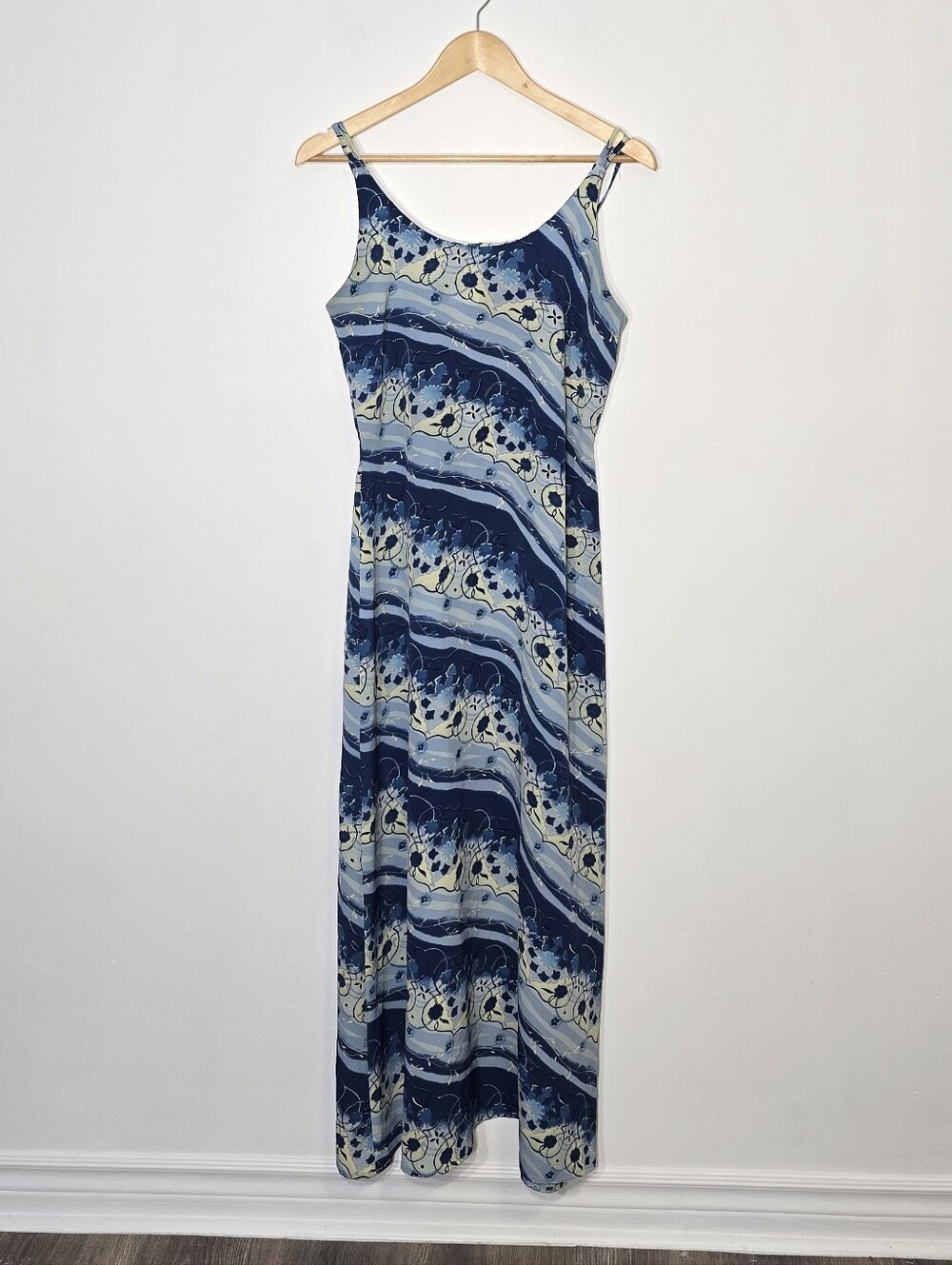 Vintage Blue Swirl Spaghetti Straps Lightweight Retro Summer Dress Size 7